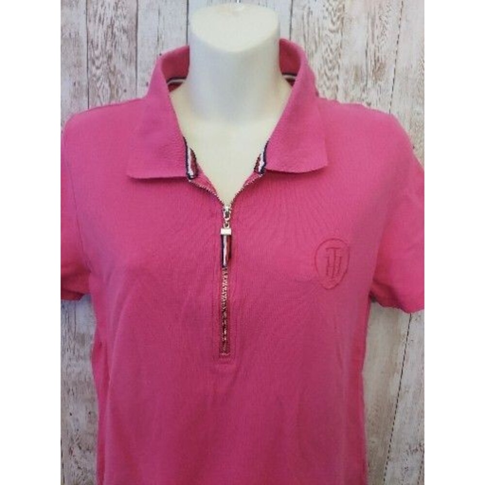 Tommy Hilfiger Women's Pink 1/4 zip Polo shirt Gold Zipper Preppy - Picture 2 of 9